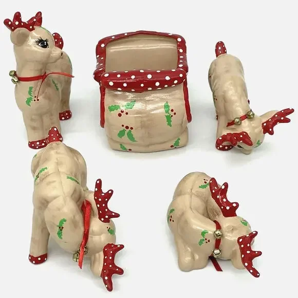 KIMPLE Christmas‎ Reindeer Sleigh Figurines Bells 5 Piece Set Vintage 1989